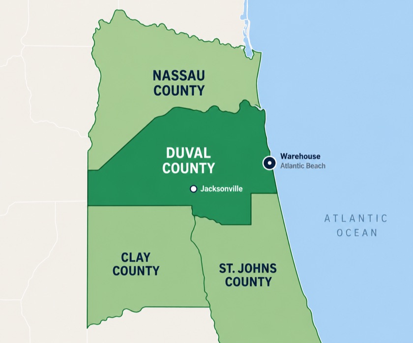 SDC Solutions delivery zone map: Duval, Nassau, St. Johns, and Clay counties in Northeast Florida; warehouse in Atlantic Beach